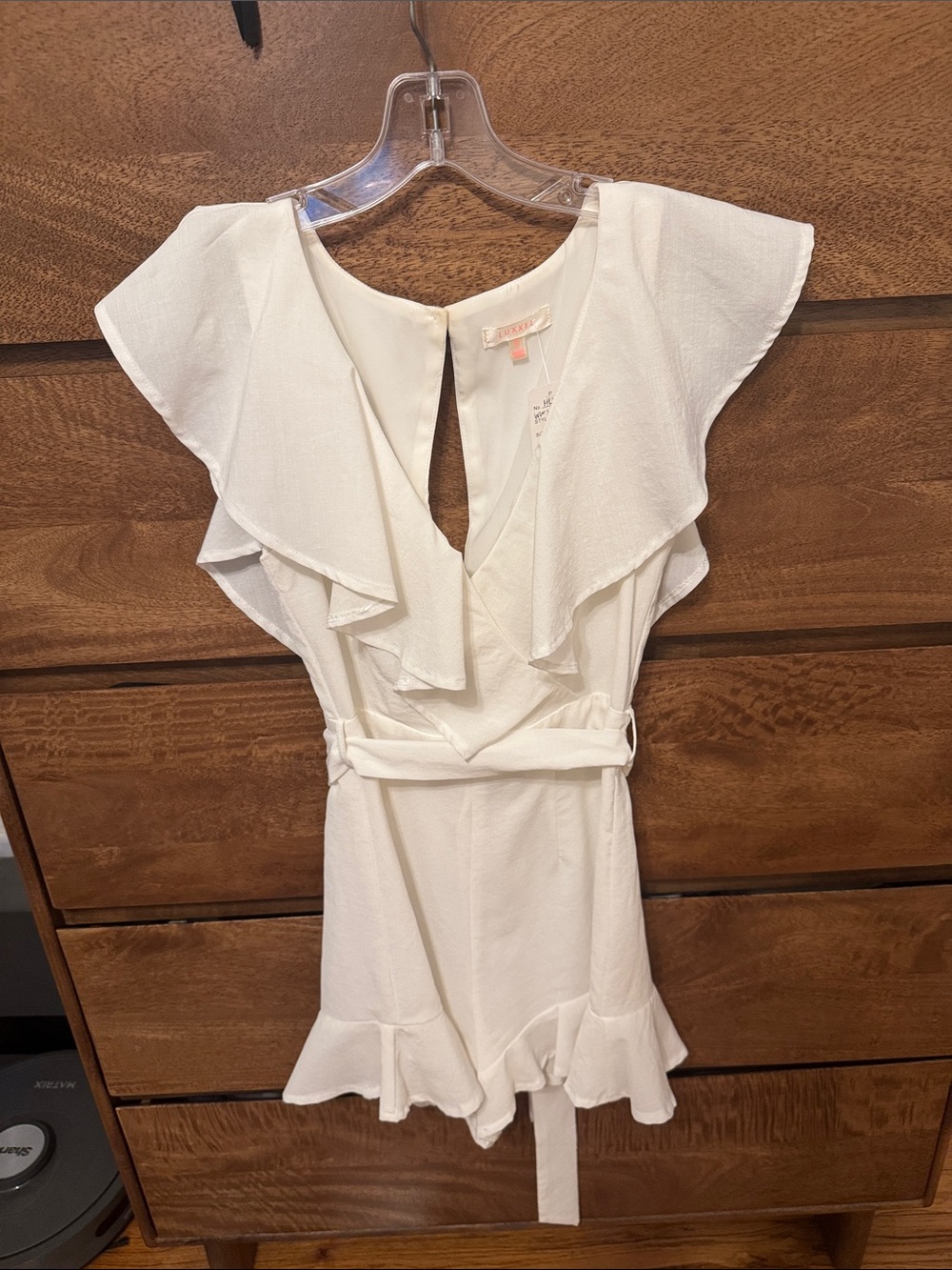 Luxxel White Ruffle Wrap Romper with Tie Belt